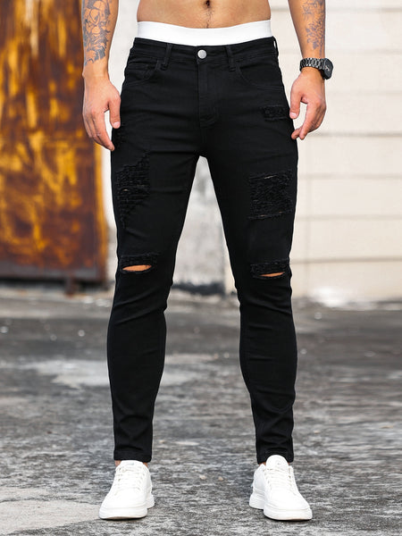 Spring Mens Black Ripped Skinny Jeans Streetwear Fashion