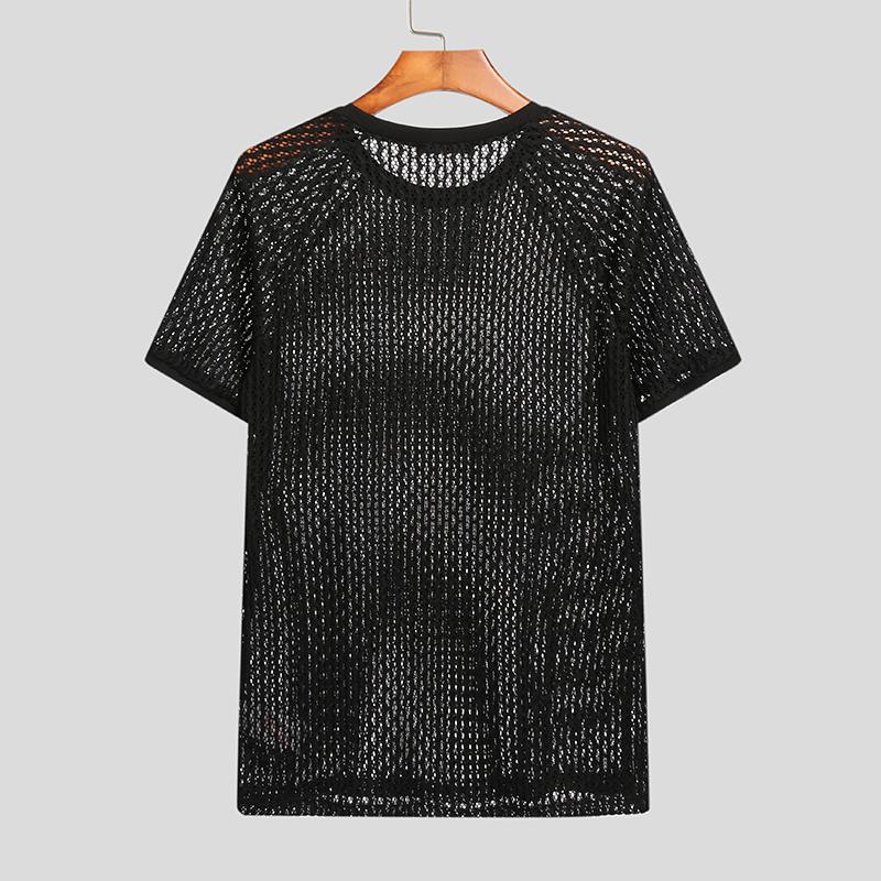 Mens T Shirt Solid Color Hollow Out See Through