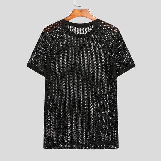 Mens T Shirt Solid Color Hollow Out See Through