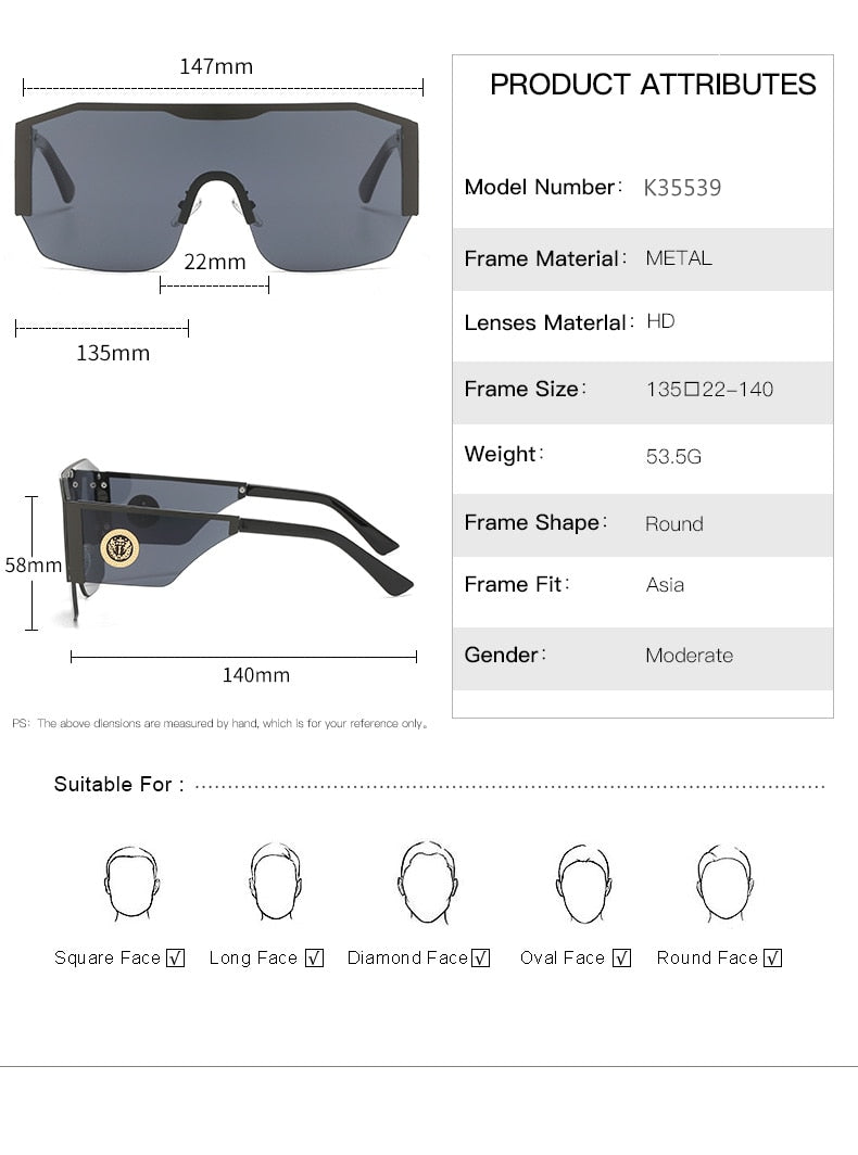 Oversized Square Sunglasses 
 One Piece Vintage Male Sun Glasses Top