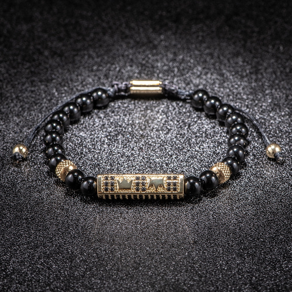 Luxury Set Bracelets Men Double Crown Handmade Enamel Roman Numeral Bangles Rope Buckle Stone Beads Micro Pave CZ Jewelry