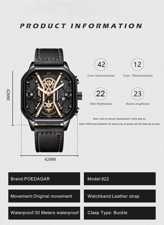 Waterproof Luminous Chronograph Man Watch Square Dial Leather