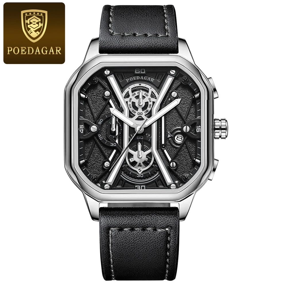 Waterproof Luminous Chronograph Man Watch Square Dial Leather