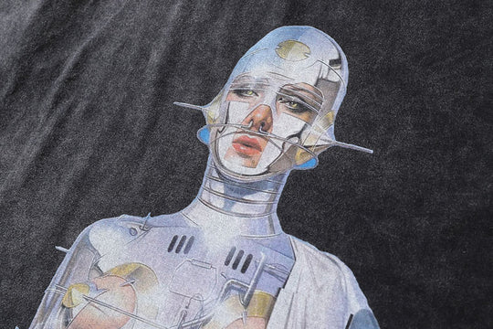 Distressed Oversized Vintage Robot Graphic Print Tshirt Men