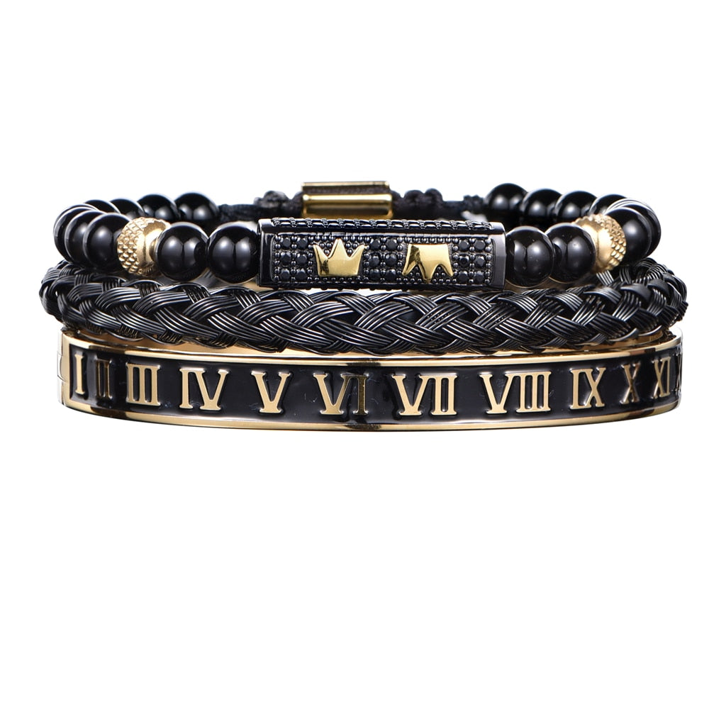 Luxury Set Bracelets Men Double Crown Handmade Enamel Roman Numeral Bangles Rope Buckle Stone Beads Micro Pave CZ Jewelry