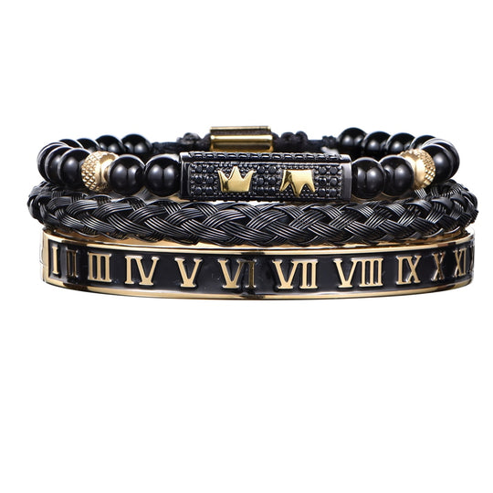 Luxury Set Bracelets Men Double Crown Handmade Enamel Roman Numeral Bangles Rope Buckle Stone Beads Micro Pave CZ Jewelry