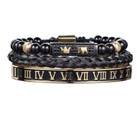 Luxury Set Bracelets Men Double Crown Handmade Enamel Roman Numeral Bangles Rope Buckle Stone Beads Micro Pave CZ Jewelry