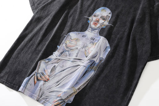 Distressed Oversized Vintage Robot Graphic Print Tshirt Men