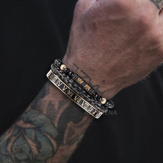 Luxury Set Bracelets Men Double Crown Handmade Enamel Roman Numeral Bangles Rope Buckle Stone Beads Micro Pave CZ Jewelry