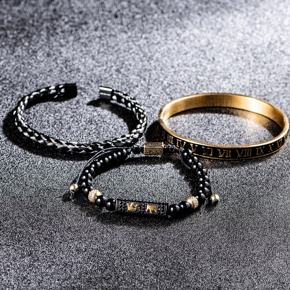 Luxury Set Bracelets Men Double Crown Handmade Enamel Roman Numeral Bangles Rope Buckle Stone Beads Micro Pave CZ Jewelry