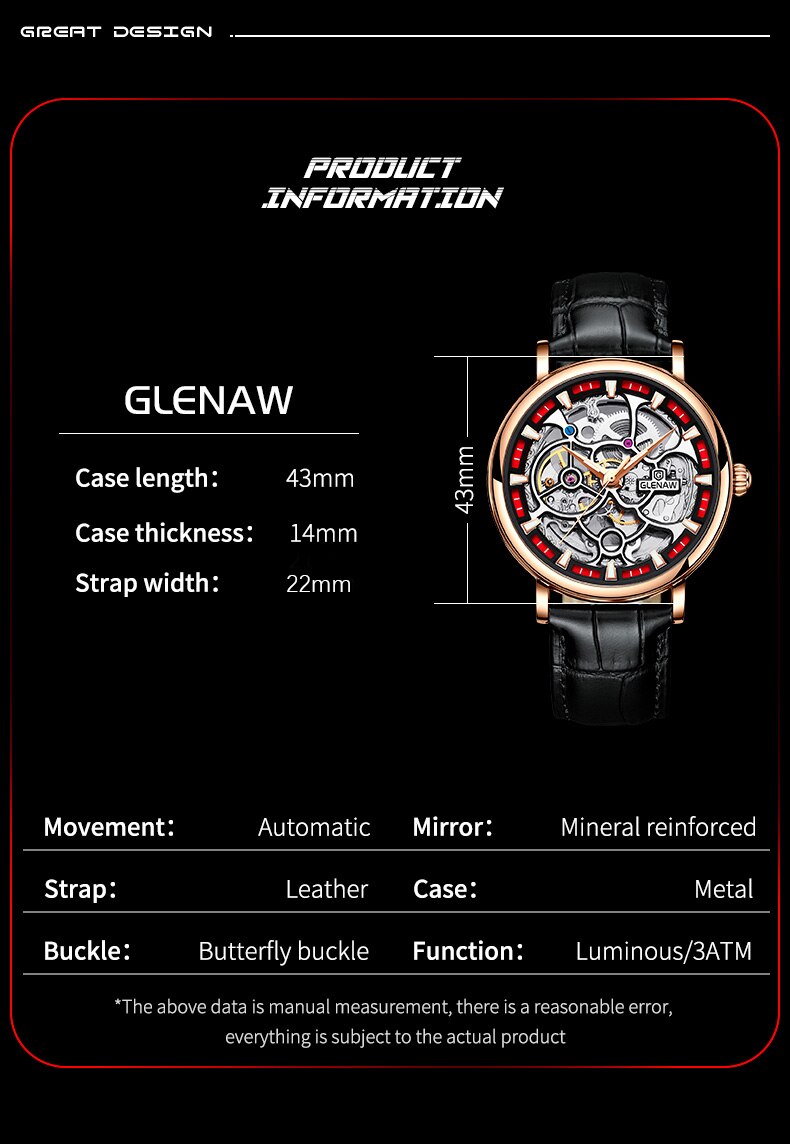 2023GLENAW Fashion Exquisite Automatic Mechanical Movemen