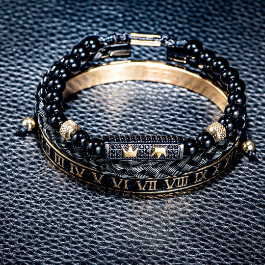 Luxury Set Bracelets Men Double Crown Handmade Enamel Roman Numeral Bangles Rope Buckle Stone Beads Micro Pave CZ Jewelry