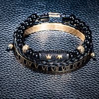 Luxury Set Bracelets Men Double Crown Handmade Enamel Roman Numeral Bangles Rope Buckle Stone Beads Micro Pave CZ Jewelry