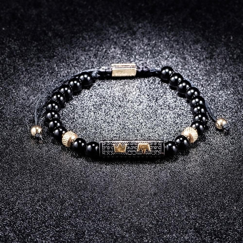 Luxury Set Bracelets Men Double Crown Handmade Enamel Roman Numeral Bangles Rope Buckle Stone Beads Micro Pave CZ Jewelry