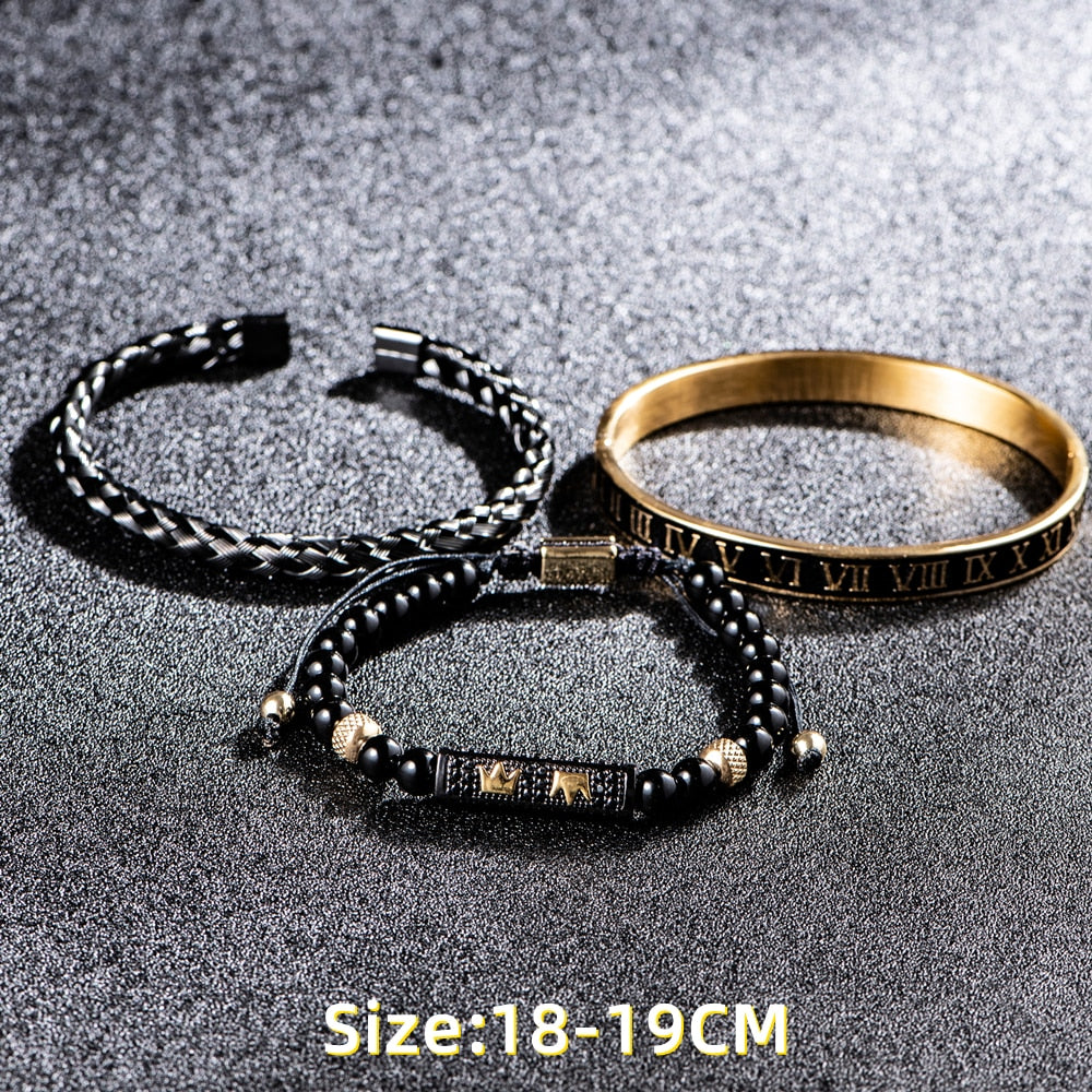 Luxury Set Bracelets Men Double Crown Handmade Enamel Roman Numeral Bangles Rope Buckle Stone Beads Micro Pave CZ Jewelry