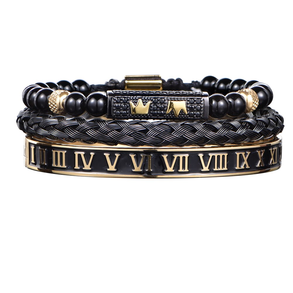 Luxury Set Bracelets Men Double Crown Handmade Enamel Roman Numeral Bangles Rope Buckle Stone Beads Micro Pave CZ Jewelry
