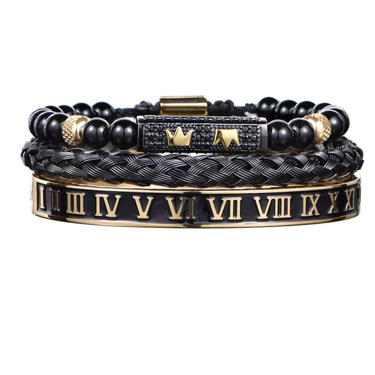Luxury Set Bracelets Men Double Crown Handmade Enamel Roman Numeral Bangles Rope Buckle Stone Beads Micro Pave CZ Jewelry