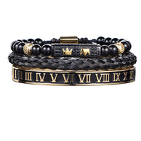 Luxury Set Bracelets Men Double Crown Handmade Enamel Roman Numeral Bangles Rope Buckle Stone Beads Micro Pave CZ Jewelry