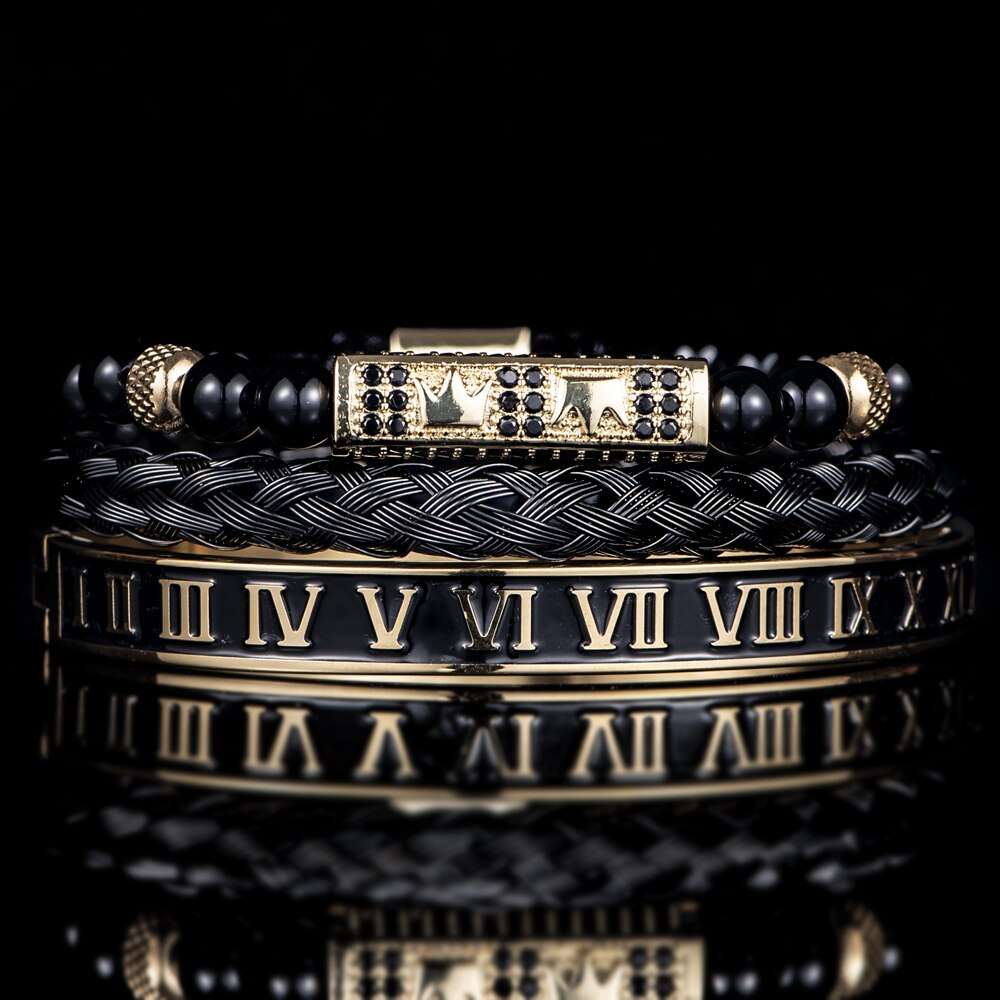 Luxury Set Bracelets Men Double Crown Handmade Enamel Roman Numeral Bangles Rope Buckle Stone Beads Micro Pave CZ Jewelry