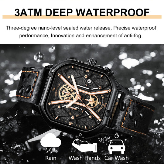 Waterproof Luminous Chronograph Man Watch Square Dial Leather
