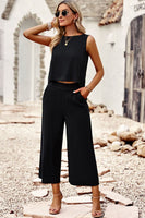 Buttoned Round Neck Tank and Wide Leg Pants Set