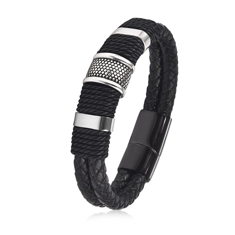 Black Braid Woven Leather Bracelet Titanium Stainless Steel Bracelet Men Bangle Men Jewelry Vintage Gift