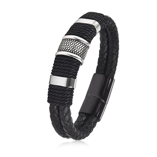 Black Braid Woven Leather Bracelet Titanium Stainless Steel Bracelet Men Bangle Men Jewelry Vintage Gift