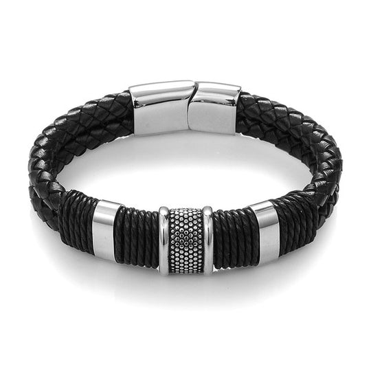 Black Braid Woven Leather Bracelet Titanium Stainless Steel Bracelet Men Bangle Men Jewelry Vintage Gift