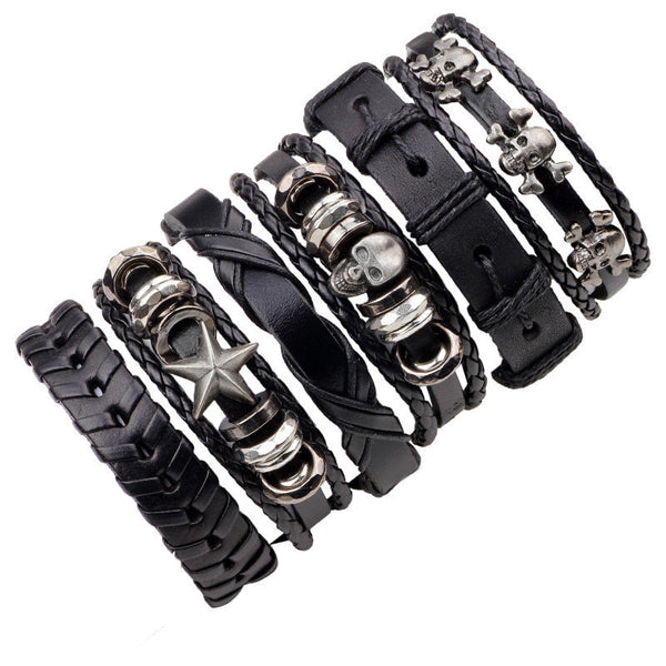 6 pcs Black Wristband Genuine Leather Bracelet Set
