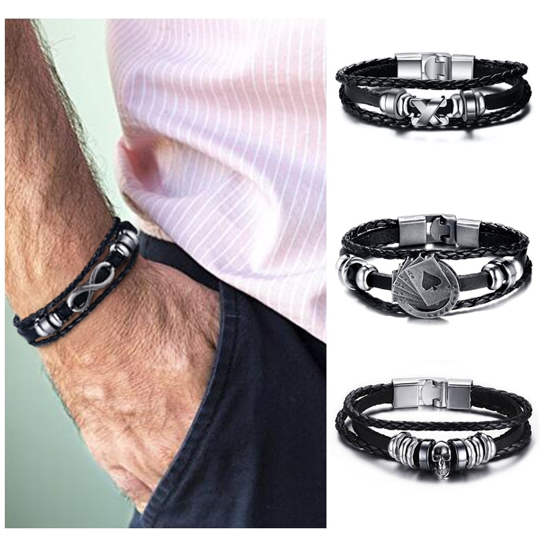 Men Bracelet Genuine Leather Black