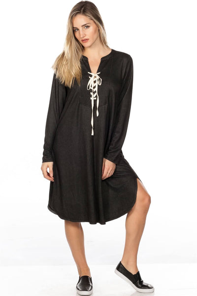 Lace Up V Neck Loose Tunic Dress