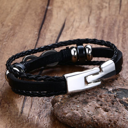 Men Bracelet Genuine Leather Black