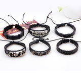 6 pcs Black Wristband Genuine Leather Bracelet Set