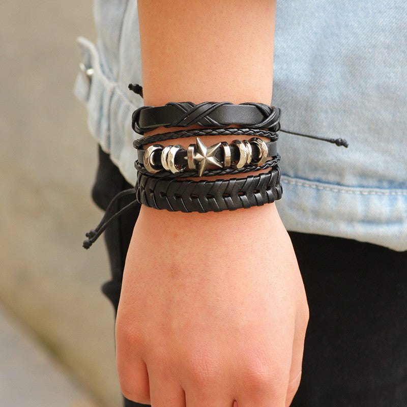 6 pcs Black Wristband Genuine Leather Bracelet Set