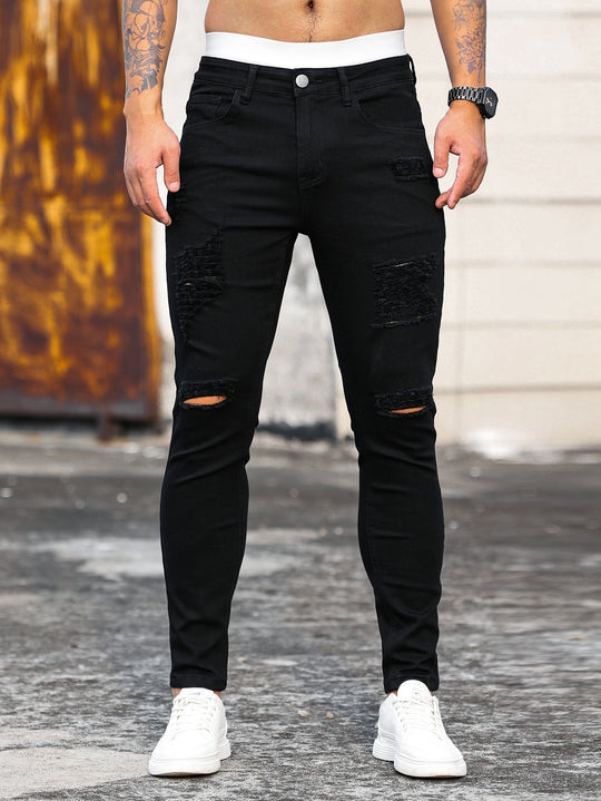 Spring Mens Black Ripped Skinny Jeans Streetwear Fashion