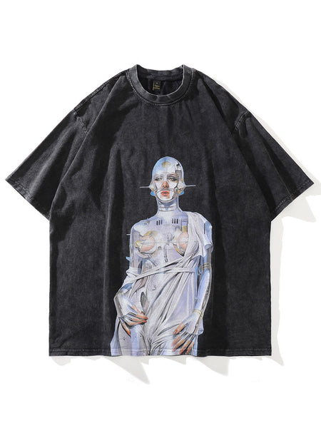 Distressed Oversized Vintage Robot Graphic Print Tshirt Men