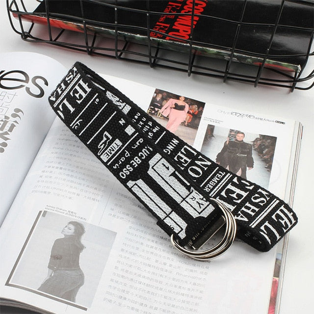 Unisex Canvas Belts Letters Printed D Ring Double Buckle