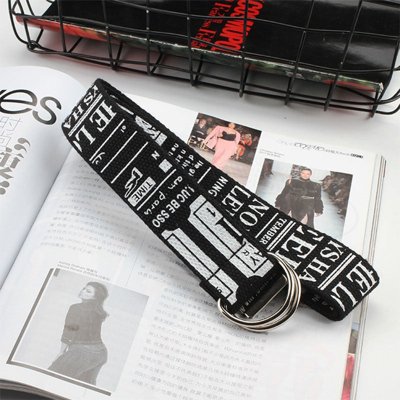 Unisex Canvas Belts Letters Printed D Ring Double Buckle