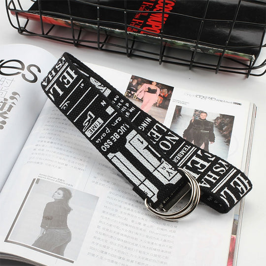 Unisex Canvas Belts Letters Printed D Ring Double Buckle