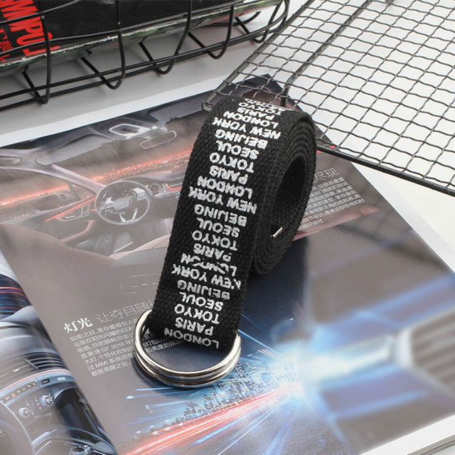 Unisex Canvas Belts Letters Printed D Ring Double Buckle