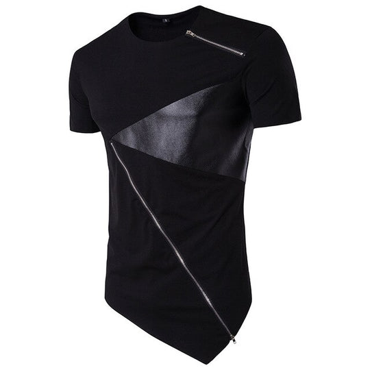 T Shirt Men 2018 Personality tailoring Long Patchwork Leather Zipper T-shirt Men Hiphop Short Sleeve Longline Casual Top Tee